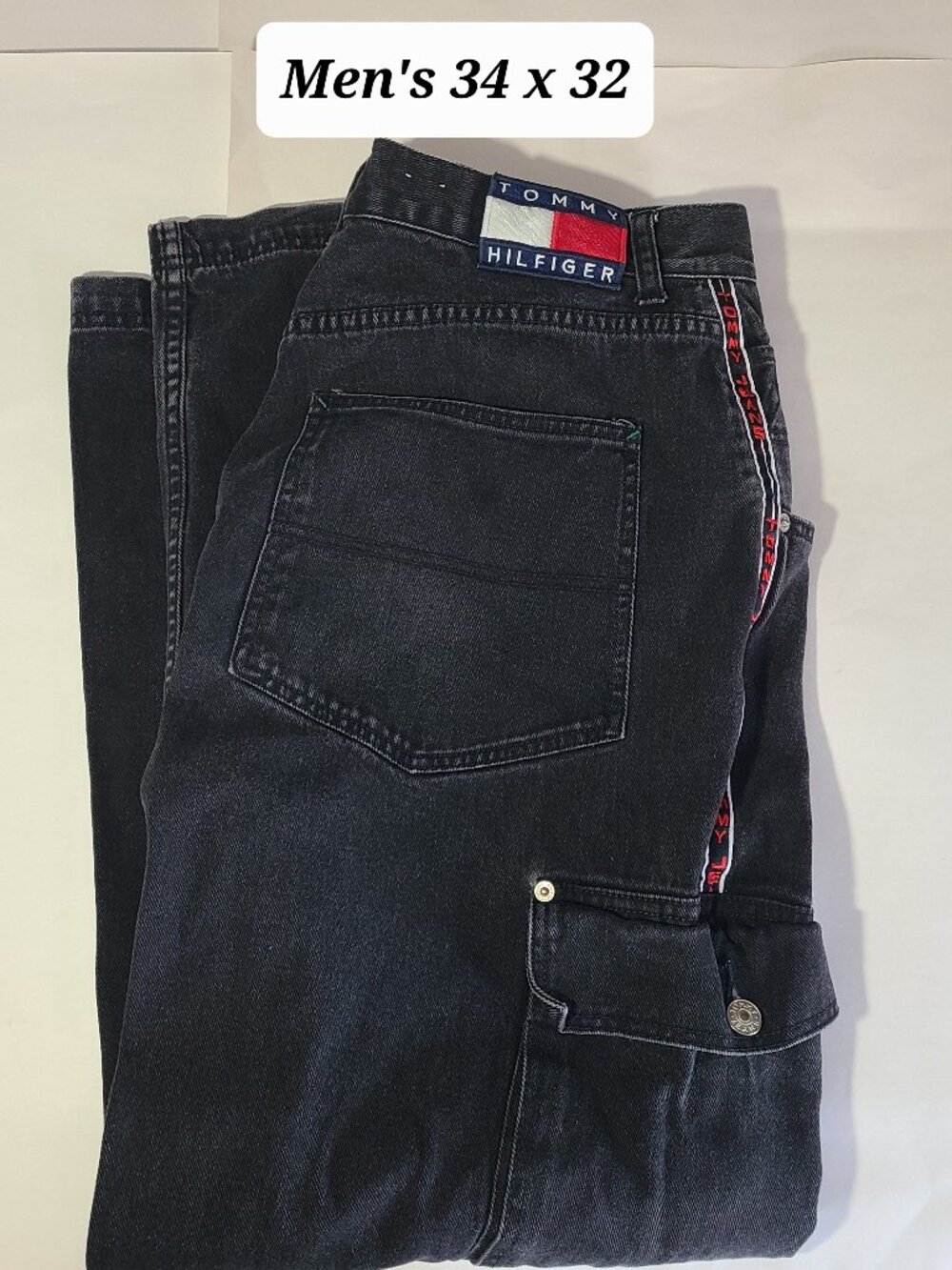 Vintage 90s Tommy Hilfiger Black Cargo Button Fly Denim Jeans Size 34 x 32 VGUC